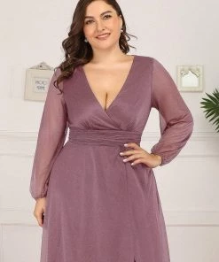 Ever-Pretty US Plus Size V-Neck Shiny Puff Sleeve Evening Dress For Women Party Dresses