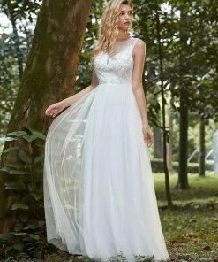 Ever-Pretty US Elegant See Through Applique Simple Tulle Wedding Dress