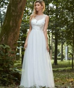 Ever-Pretty US Elegant See Through Applique Simple Tulle Wedding Dress