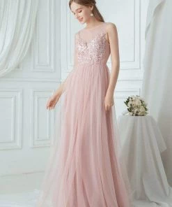 Ever-Pretty US Elegant See Through Round Neck Applique Tulle Bridesmaid Dress