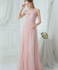Ever-Pretty US Elegant See Through Round Neck Applique Tulle Bridesmaid Dress