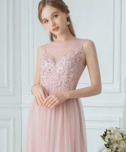 Ever-Pretty US Elegant See Through Round Neck Applique Tulle Bridesmaid Dress