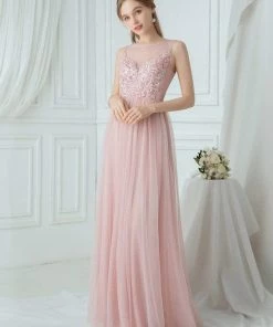 Ever-Pretty US Elegant See Through Round Neck Applique Tulle Bridesmaid Dress