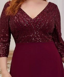 Ever-Pretty US Plus Size V Neck A-Line Sequin Formal Evening Dress With Sleeve