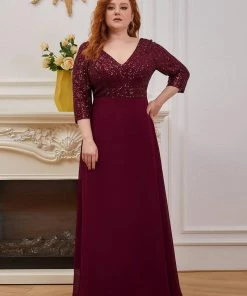 Ever-Pretty US Plus Size V Neck A-Line Sequin Formal Evening Dress With Sleeve