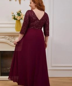 Ever-Pretty US Plus Size V Neck A-Line Sequin Formal Evening Dress With Sleeve