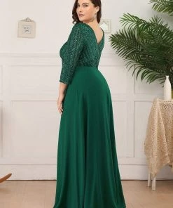 Ever-Pretty US Plus Size V Neck A-Line Sequin Formal Evening Dress With Sleeve