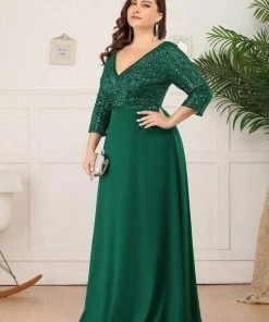 Ever-Pretty US Plus Size V Neck A-Line Sequin Formal Evening Dress With Sleeve