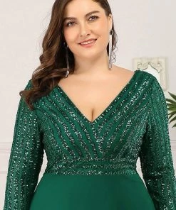 Ever-Pretty US Plus Size V Neck A-Line Sequin Formal Evening Dress With Sleeve
