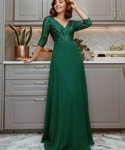 Ever-Pretty US Sexy V Neck Sequin Evening Dresses With 3/4 Sleeve SHOP BY OCCASION