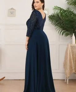 Ever-Pretty US Plus Size V Neck A-Line Sequin Formal Evening Dress With Sleeve