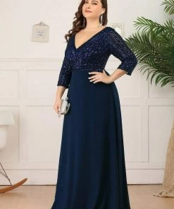 Ever-Pretty US Plus Size V Neck A-Line Sequin Formal Evening Dress With Sleeve