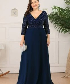 Ever-Pretty US Plus Size V Neck A-Line Sequin Formal Evening Dress With Sleeve