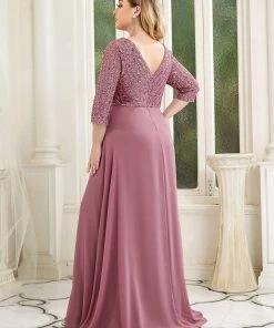 Ever-Pretty US Plus Size V Neck A-Line Sequin Formal Evening Dress With Sleeve