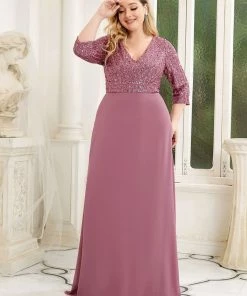 Ever-Pretty US Plus Size V Neck A-Line Sequin Formal Evening Dress With Sleeve