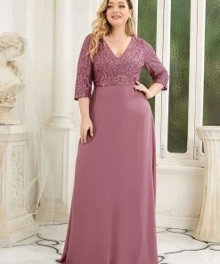 Ever-Pretty US Plus Size V Neck A-Line Sequin Formal Evening Dress With Sleeve