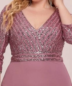 Ever-Pretty US Plus Size V Neck A-Line Sequin Formal Evening Dress With Sleeve