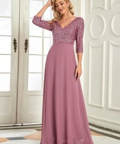 Ever-Pretty US Sexy V Neck Sequin Evening Dresses With 3/4 Sleeve SHOP BY OCCASION