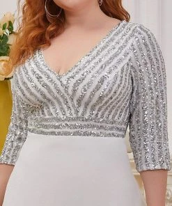 Ever-Pretty US Plus Size V Neck A-Line Sequin Formal Evening Dress With Sleeve