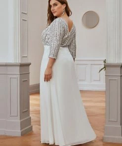 Ever-Pretty US SHOP BY STYLE Plus Size Sequin Bodice Long Sleeves Flowy White Wedding Dress