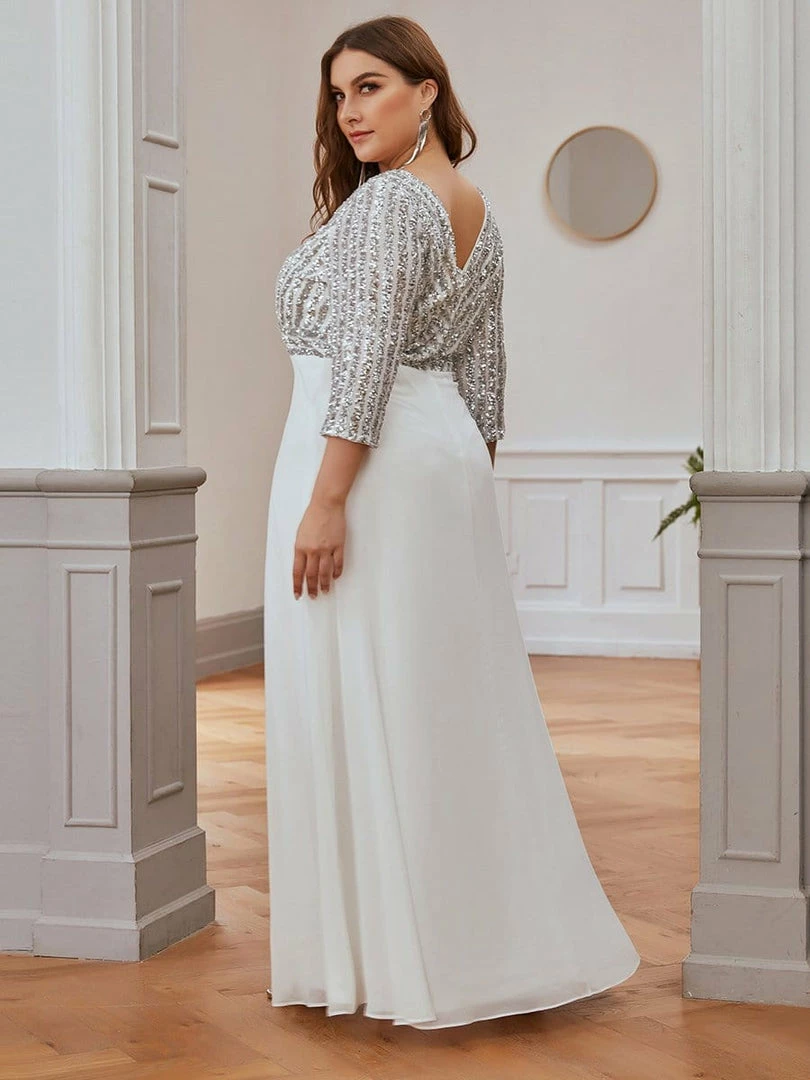 Ever-Pretty US SHOP BY STYLE Plus Size Sequin Bodice Long Sleeves Flowy White Wedding Dress 2 Ever-Pretty US SHOP BY STYLE Plus Size Sequin Bodice Long Sleeves Flowy White Wedding Dress