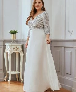 Ever-Pretty US SHOP BY STYLE Plus Size Sequin Bodice Long Sleeves Flowy White Wedding Dress 9 Ever-Pretty US SHOP BY STYLE Plus Size Sequin Bodice Long Sleeves Flowy White Wedding Dress