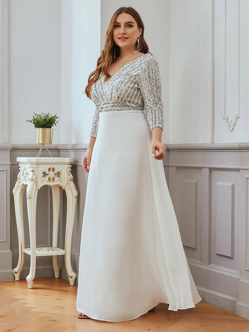 Ever-Pretty US SHOP BY STYLE Plus Size Sequin Bodice Long Sleeves Flowy White Wedding Dress 4 Ever-Pretty US SHOP BY STYLE Plus Size Sequin Bodice Long Sleeves Flowy White Wedding Dress