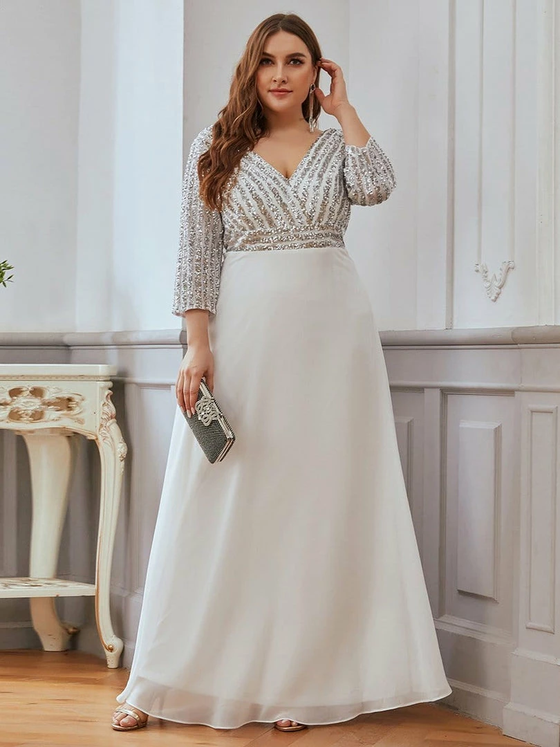 Ever-Pretty US SHOP BY STYLE Plus Size Sequin Bodice Long Sleeves Flowy White Wedding Dress 5 Ever-Pretty US SHOP BY STYLE Plus Size Sequin Bodice Long Sleeves Flowy White Wedding Dress