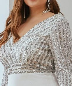 Ever-Pretty US SHOP BY STYLE Plus Size Sequin Bodice Long Sleeves Flowy White Wedding Dress 8 Ever-Pretty US SHOP BY STYLE Plus Size Sequin Bodice Long Sleeves Flowy White Wedding Dress