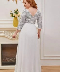 Ever-Pretty US Plus Size V Neck A-Line Sequin Formal Evening Dress With Sleeve