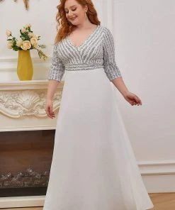 Ever-Pretty US Plus Size V Neck A-Line Sequin Formal Evening Dress With Sleeve