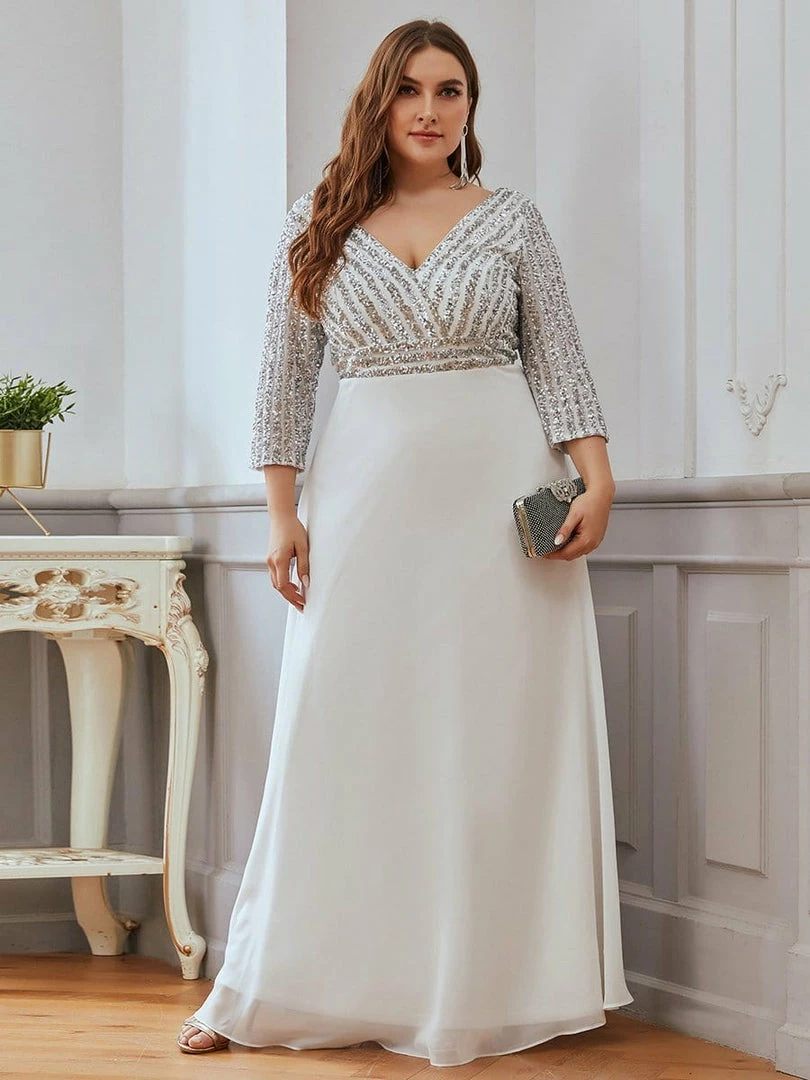 Ever-Pretty US SHOP BY STYLE Plus Size Sequin Bodice Long Sleeves Flowy White Wedding Dress 1 Ever-Pretty US SHOP BY STYLE Plus Size Sequin Bodice Long Sleeves Flowy White Wedding Dress