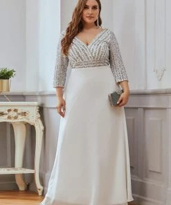 Ever-Pretty US Shiny Sequin Bodice Long Flowy White Wedding Dress With Sleeves Summer Dresses 2022