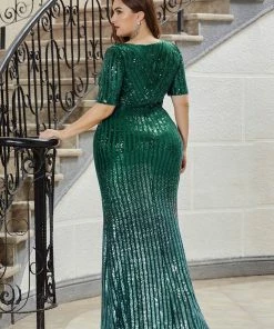 Ever-Pretty US Sexy Deep V Neckline Sequin Fishtail Evening Dreeses With Half Sleeve