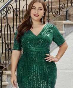 Ever-Pretty US Sexy Deep V Neckline Sequin Fishtail Evening Dreeses With Half Sleeve