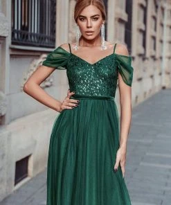 Ever-Pretty US SHOP BY OCCASION Cold Shoulder Sequin Bodice Long Tulle Bridesmaid Dress