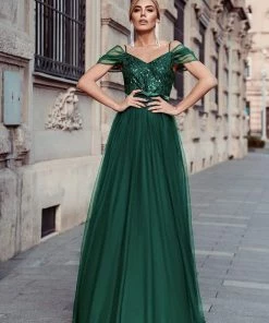 Ever-Pretty US SHOP BY OCCASION Cold Shoulder Sequin Bodice Long Tulle Bridesmaid Dress