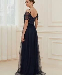 Ever-Pretty US SHOP BY OCCASION Cold Shoulder Sequin Bodice Long Tulle Bridesmaid Dress