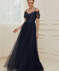 Ever-Pretty US SHOP BY OCCASION Cold Shoulder Sequin Bodice Long Tulle Bridesmaid Dress