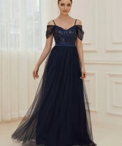 Ever-Pretty US SHOP BY OCCASION Cold Shoulder Sequin Bodice Long Tulle Bridesmaid Dress
