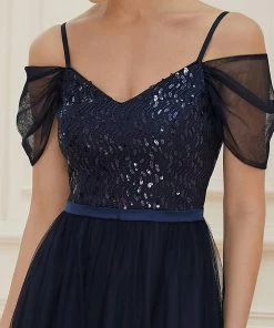 Ever-Pretty US SHOP BY OCCASION Cold Shoulder Sequin Bodice Long Tulle Bridesmaid Dress