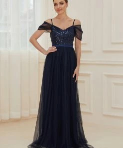 Ever-Pretty US SHOP BY OCCASION Cold Shoulder Sequin Bodice Long Tulle Bridesmaid Dress