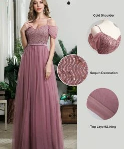 Ever-Pretty US SHOP BY OCCASION Cold Shoulder Sequin Bodice Long Tulle Bridesmaid Dress