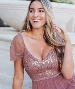 Ever-Pretty US SHOP BY OCCASION Cold Shoulder Sequin Bodice Long Tulle Bridesmaid Dress