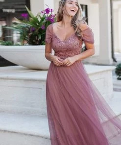 Ever-Pretty US SHOP BY OCCASION Cold Shoulder Sequin Bodice Long Tulle Bridesmaid Dress