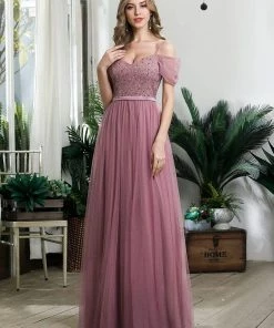 Ever-Pretty US SHOP BY OCCASION Cold Shoulder Sequin Bodice Long Tulle Bridesmaid Dress