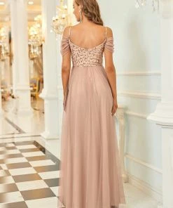 Ever-Pretty US SHOP BY OCCASION Cold Shoulder Sequin Bodice Long Tulle Bridesmaid Dress