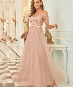 Ever-Pretty US SHOP BY OCCASION Cold Shoulder Sequin Bodice Long Tulle Bridesmaid Dress