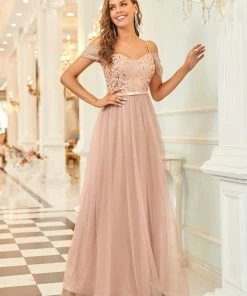 Ever-Pretty US SHOP BY OCCASION Cold Shoulder Sequin Bodice Long Tulle Bridesmaid Dress