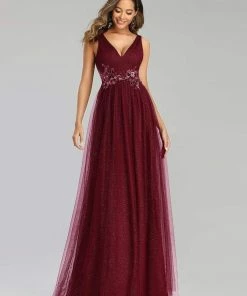 Ever-Pretty US SHOP BY OCCASION Elegant Deep Double V Neck Tulle Evening Dress With Appliques
